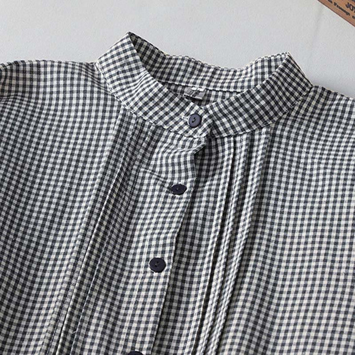 Buddha Stones Casual Plaid Pattern Long Lantern Sleeve Cotton Linen Midi Dress With Pockets - image 9