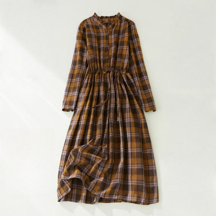 Buddha Stones Plaid Ruffled V-Neck Long Sleeve Drawstring Cotton Linen Midi Dress With Pockets - DarkGoldenrod - US8-10,UK/AU12-14,EU40-42 (2XL) - image 0