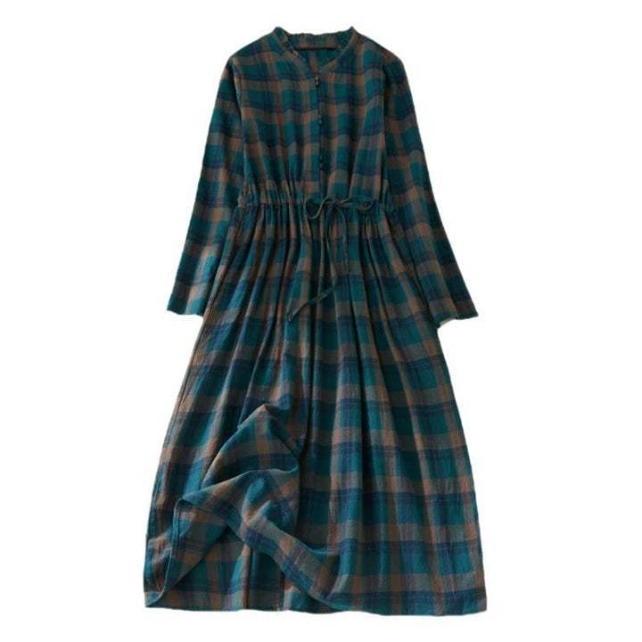 Buddha Stones Plaid Ruffled V-Neck Long Sleeve Drawstring Cotton Linen Midi Dress With Pockets - image 7