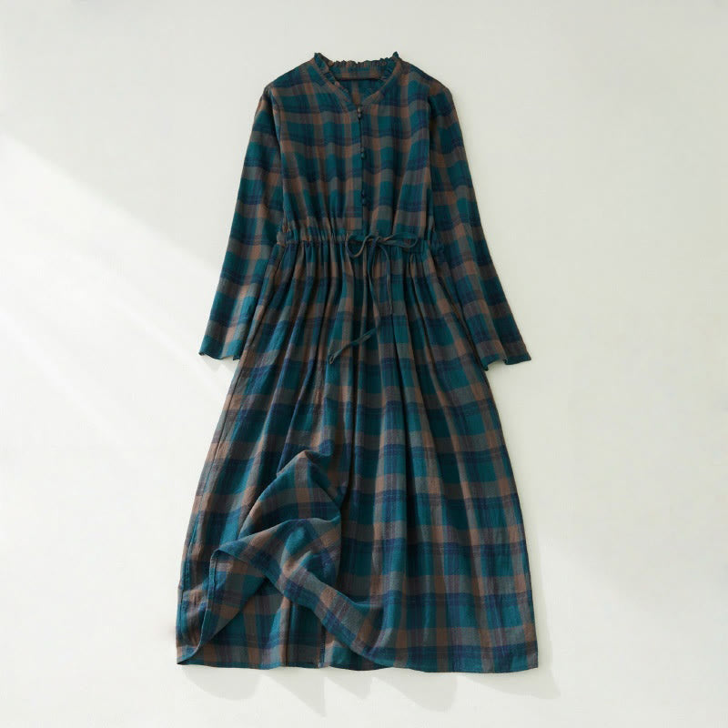 Buddha Stones Plaid Ruffled V-Neck Long Sleeve Drawstring Cotton Linen Midi Dress With Pockets - DarkCyan - US8-10,UK/AU12-14,EU40-42 (2XL) - image 2