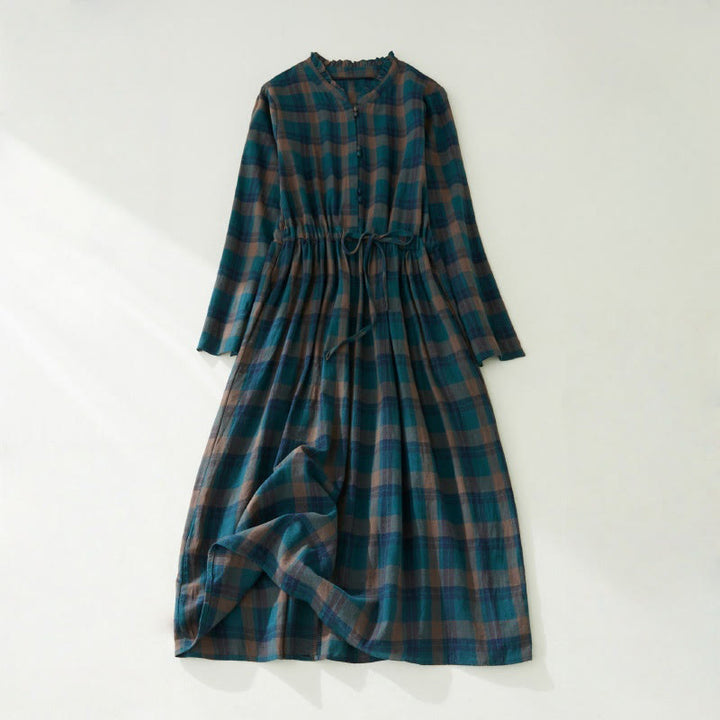 Buddha Stones Plaid Ruffled V-Neck Long Sleeve Drawstring Cotton Linen Midi Dress With Pockets - DarkCyan - US8-10,UK/AU12-14,EU40-42 (2XL) - image 2
