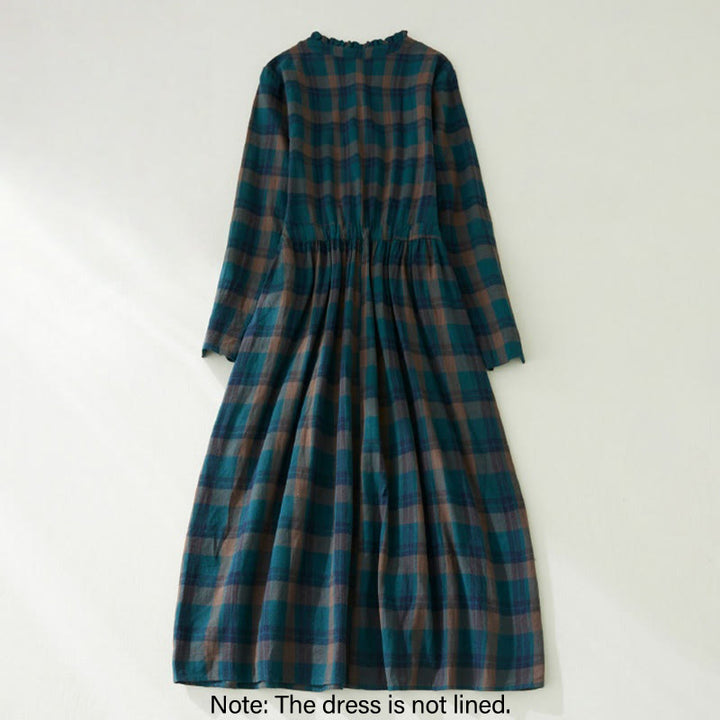 Buddha Stones Plaid Ruffled V-Neck Long Sleeve Drawstring Cotton Linen Midi Dress With Pockets - image 3