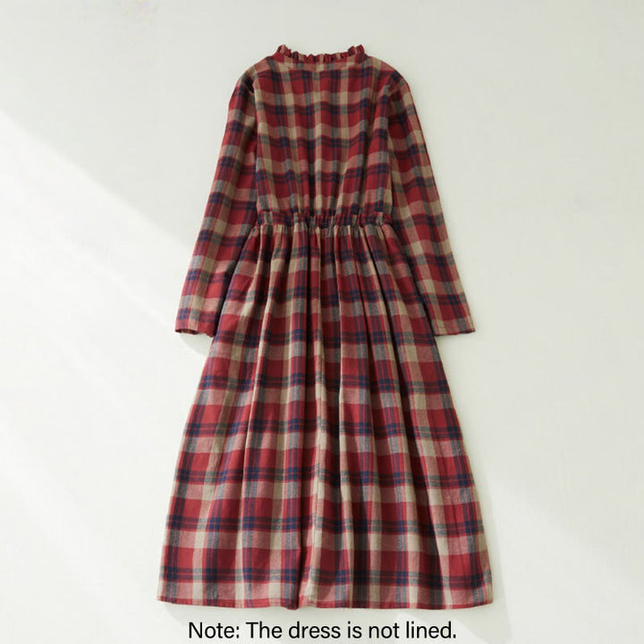 Buddha Stones Plaid Ruffled V-Neck Long Sleeve Drawstring Cotton Linen Midi Dress With Pockets - image 9