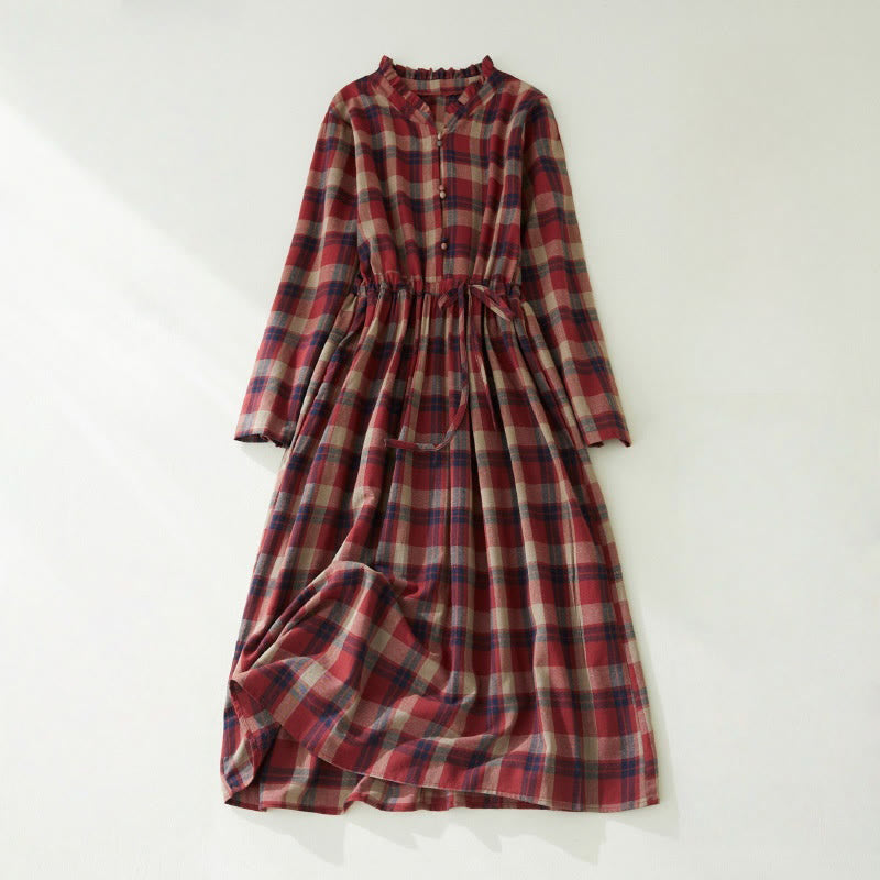 Buddha Stones Plaid Ruffled V-Neck Long Sleeve Drawstring Cotton Linen Midi Dress With Pockets - Crimson - US8-10,UK/AU12-14,EU40-42 (2XL) - image 8