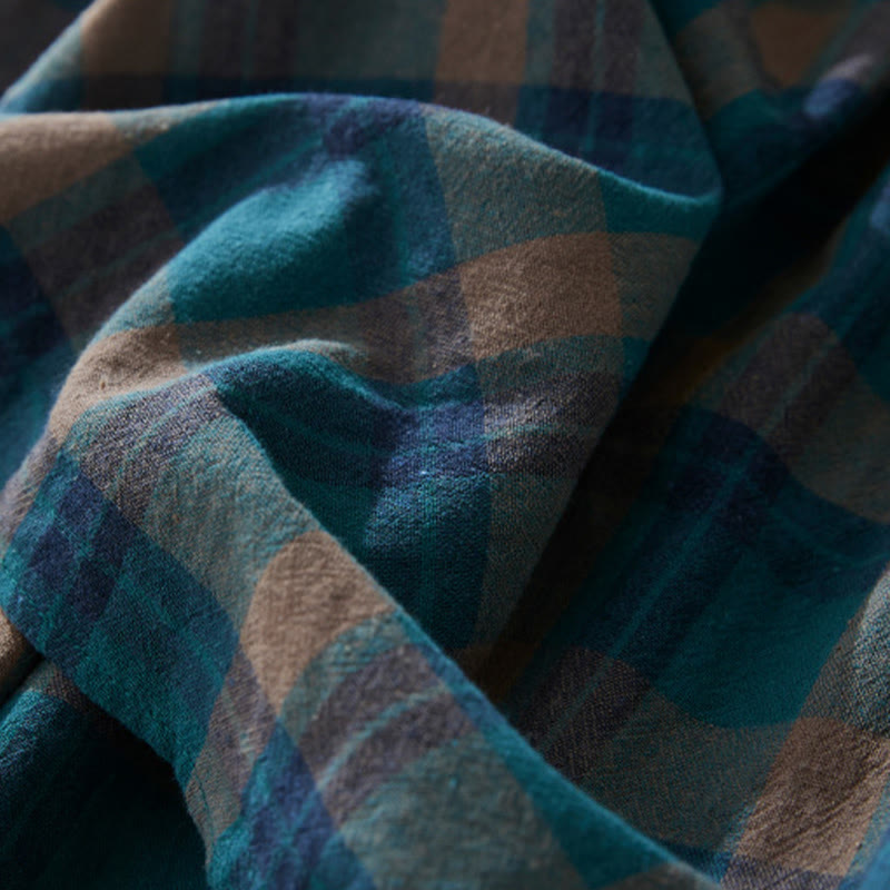 Buddha Stones Plaid Ruffled V-Neck Long Sleeve Drawstring Cotton Linen Midi Dress With Pockets - image 4