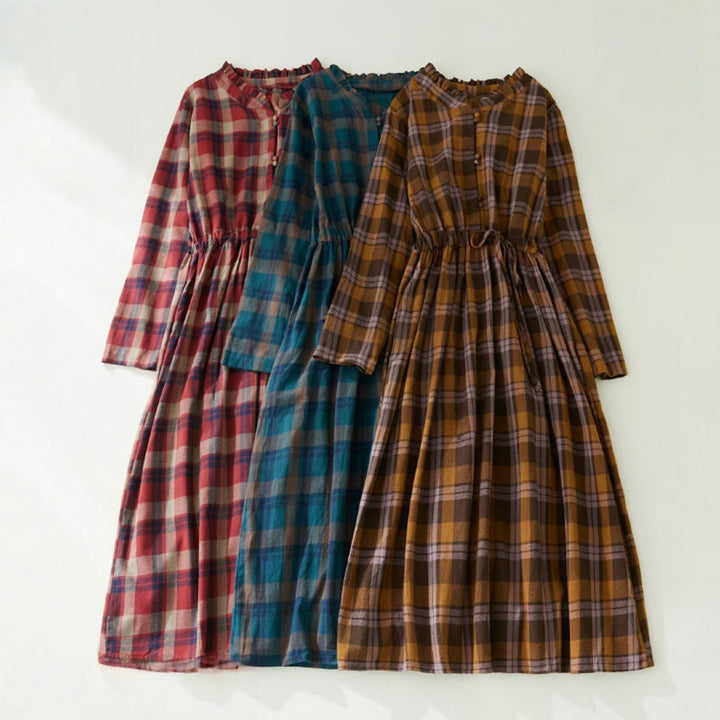 Buddha Stones Plaid Ruffled V-Neck Long Sleeve Drawstring Cotton Linen Midi Dress With Pockets - image 10