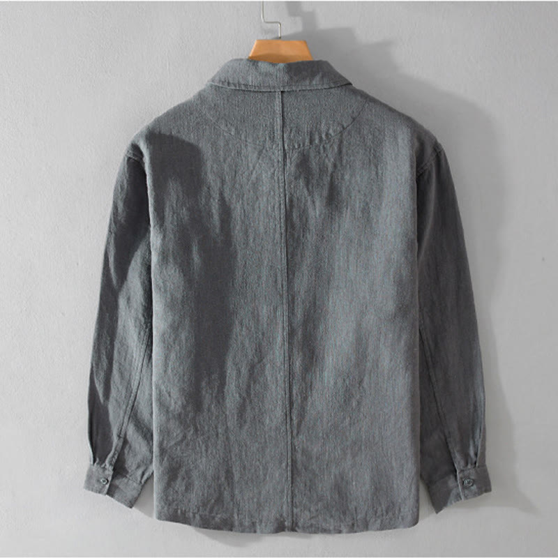 Buddha Stones Commute Men's Plain Buttons Design Cotton Linen Long Sleeve Shirt With Pockets - image 11