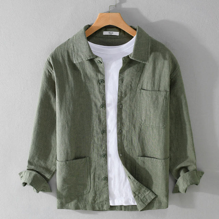 Buddha Stones Commute Men's Plain Buttons Design Cotton Linen Long Sleeve Shirt With Pockets - MediumSeaGreen - US/UK/AU42,EU52 (3XL) - image 1