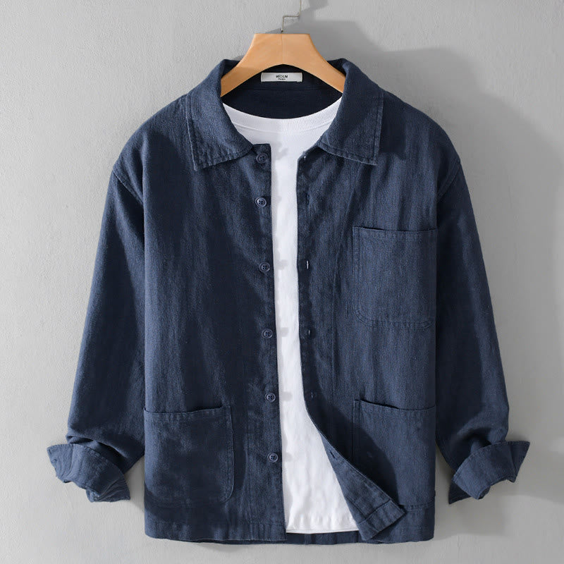 Buddha Stones Commute Men's Plain Buttons Design Cotton Linen Long Sleeve Shirt With Pockets - DarkBlue - US/UK/AU42,EU52 (3XL) - image 13