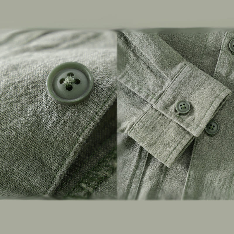 Buddha Stones Commute Men's Plain Buttons Design Cotton Linen Long Sleeve Shirt With Pockets - image 4