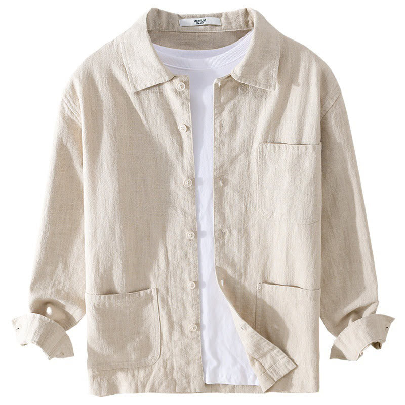 Buddha Stones Commute Men's Plain Buttons Design Cotton Linen Long Sleeve Shirt With Pockets - image 9