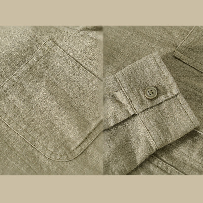 Buddha Stones Commute Men's Plain Buttons Design Cotton Linen Long Sleeve Shirt With Pockets - image 20