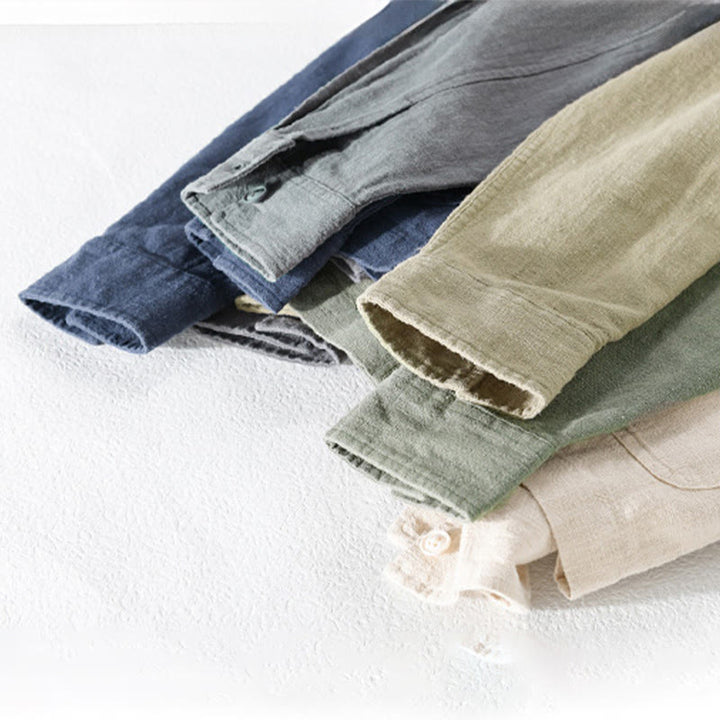 Buddha Stones Commute Men's Plain Buttons Design Cotton Linen Long Sleeve Shirt With Pockets - image 25