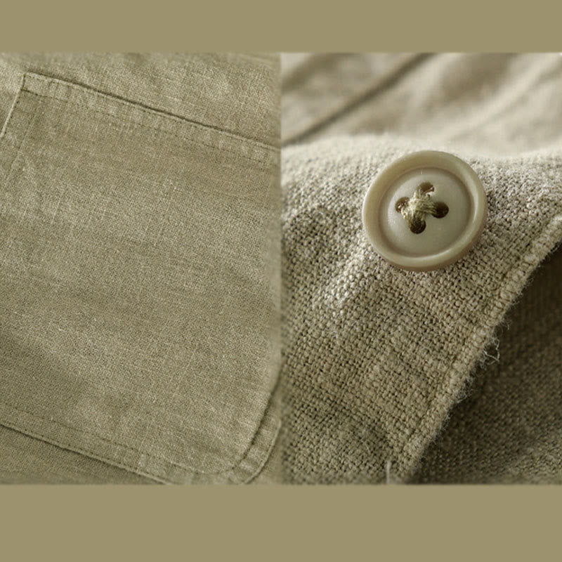 Buddha Stones Commute Men's Plain Buttons Design Cotton Linen Long Sleeve Shirt With Pockets - image 19