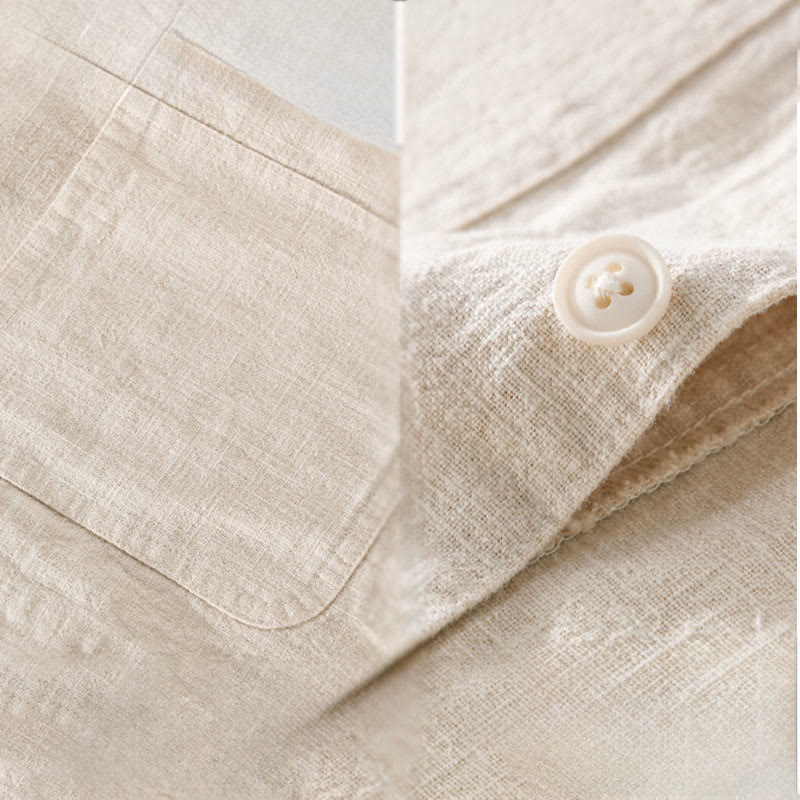 Buddha Stones Commute Men's Plain Buttons Design Cotton Linen Long Sleeve Shirt With Pockets - image 7