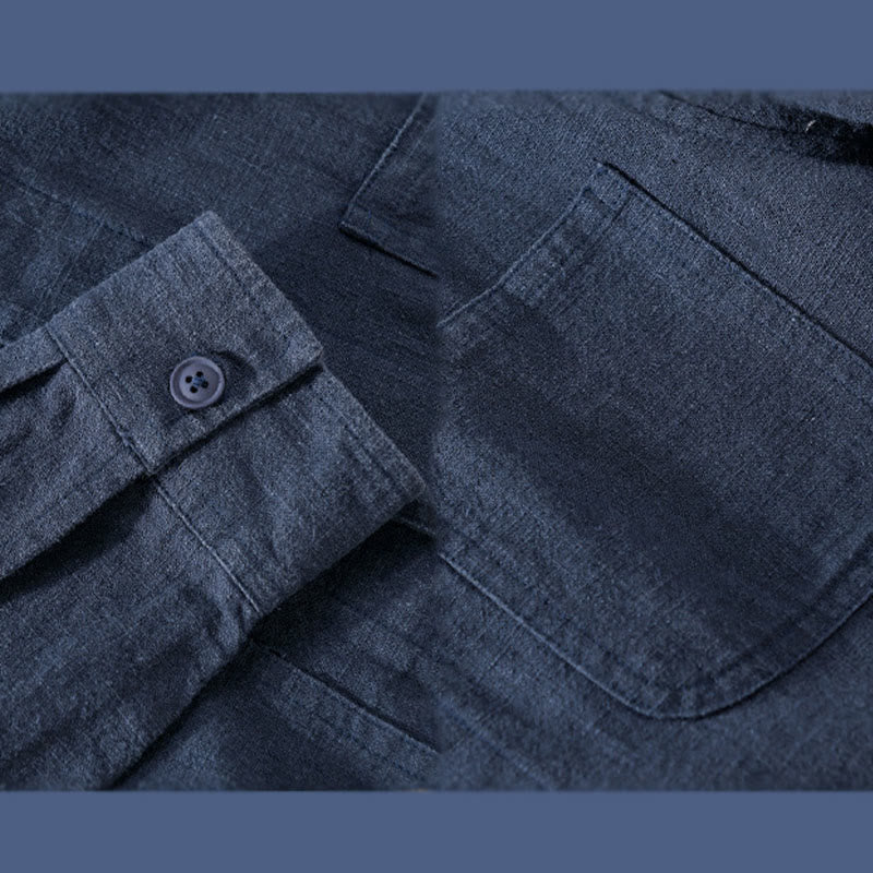 Buddha Stones Commute Men's Plain Buttons Design Cotton Linen Long Sleeve Shirt With Pockets - image 16