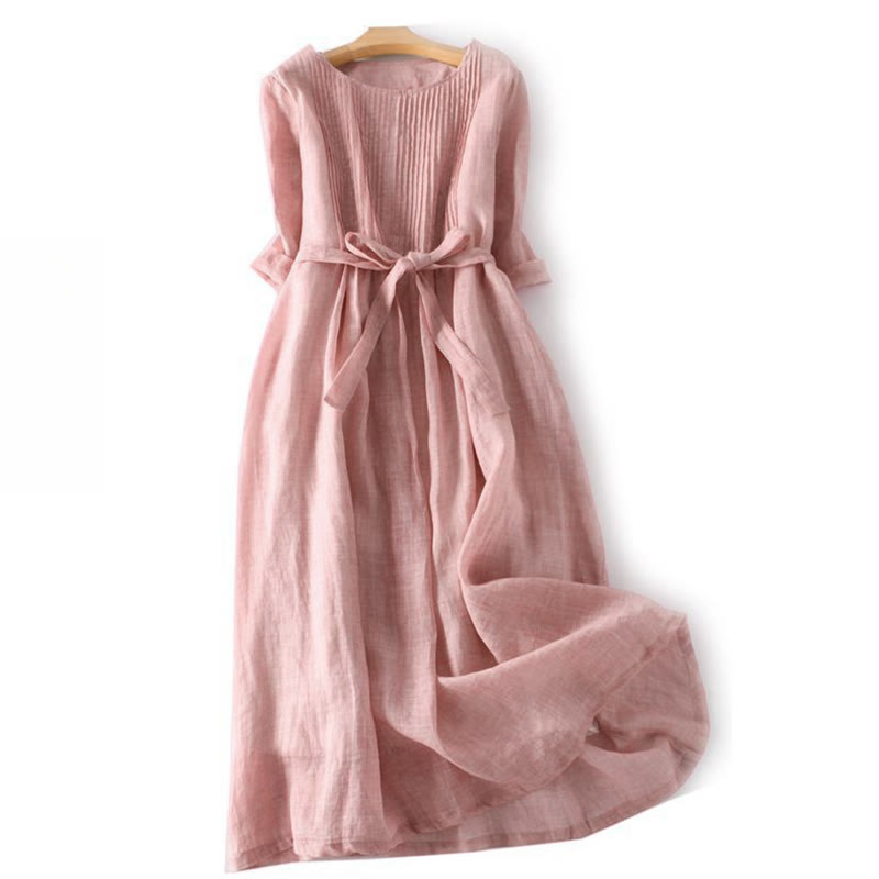 Buddha Stones Casual Lace-up Plain Crew Neck Half Sleeve Cotton Midi Dress With Pockets - LightPink - US12,UK/AU16,EU44 (3XL) - image 1