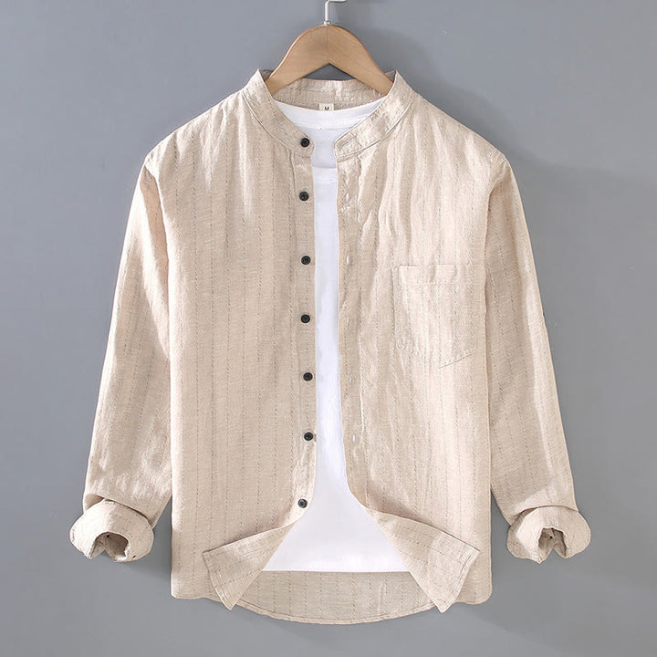 Buddha Stones Daily Tang Suit Men's Striped Pattern Cotton Linen Long Sleeve Shirt - Beige - US/UK/AU42,EU52 (3XL) - image 3