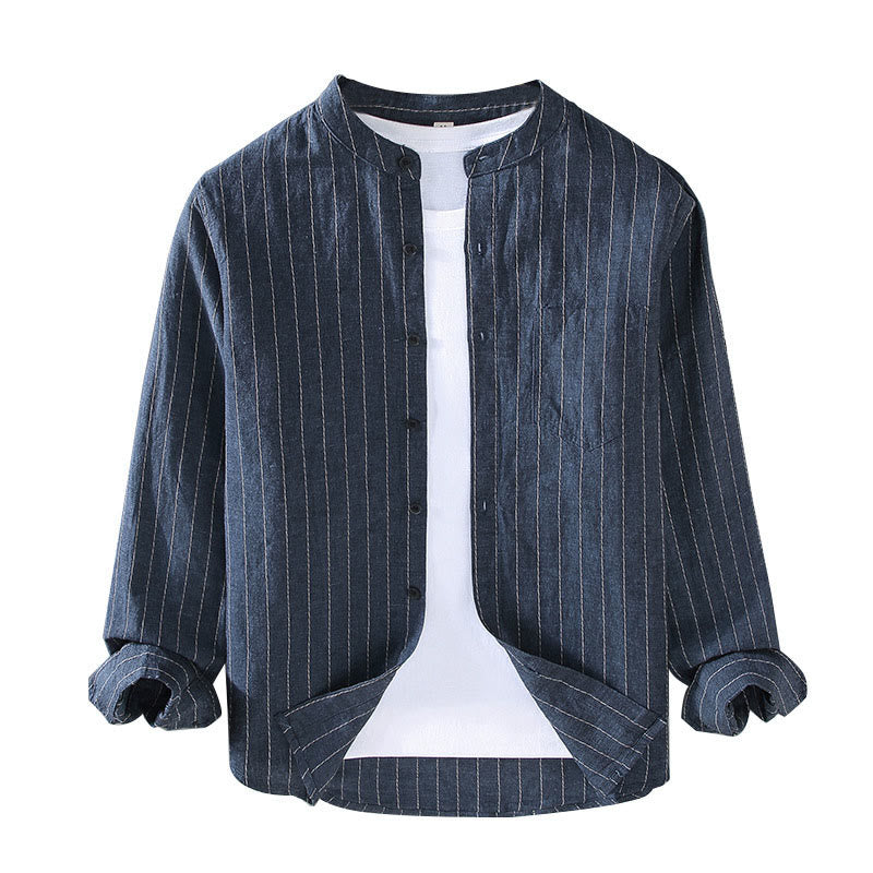 Buddha Stones Daily Tang Suit Men's Striped Pattern Cotton Linen Long Sleeve Shirt - image 2