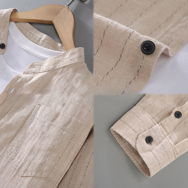 Buddha Stones Daily Tang Suit Men's Striped Pattern Cotton Linen Long Sleeve Shirt - image 11