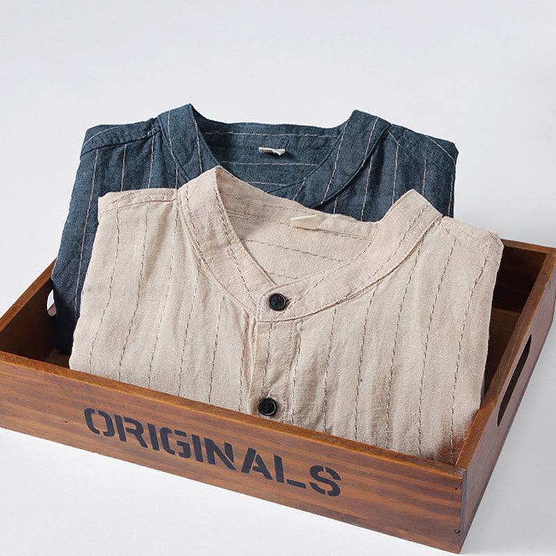 Buddha Stones Daily Tang Suit Men's Striped Pattern Cotton Linen Long Sleeve Shirt - image 13