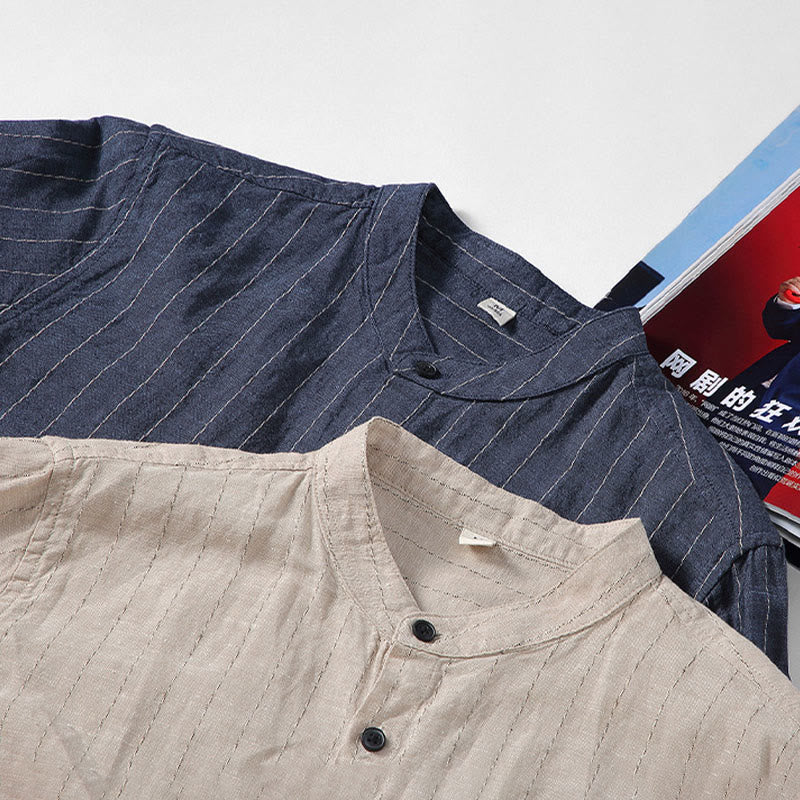 Buddha Stones Daily Tang Suit Men's Striped Pattern Cotton Linen Long Sleeve Shirt - image 14