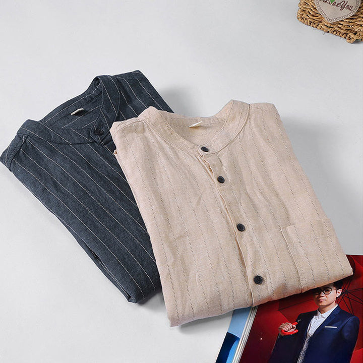 Buddha Stones Daily Tang Suit Men's Striped Pattern Cotton Linen Long Sleeve Shirt - image 12