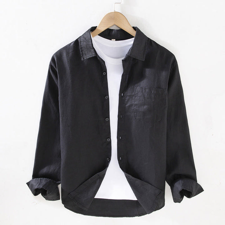 Buddha Stones Spring Men's Casual Pure Color Linen Long Sleeve Shirt With Pocket - Black - US/UK/AU42,EU52 (3XL) - image 9