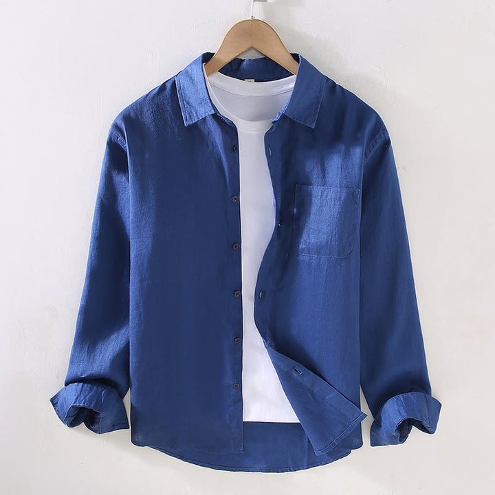 Buddha Stones Spring Men's Casual Pure Color Linen Long Sleeve Shirt With Pocket - MediumBlue - US/UK/AU42,EU52 (3XL) - image 13