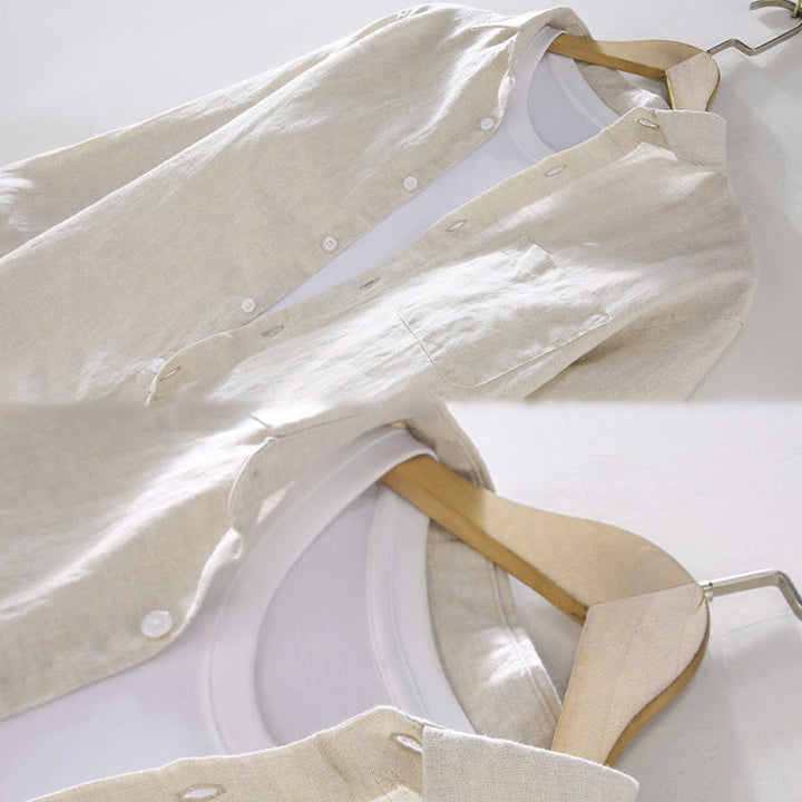 Buddha Stones Spring Men's Casual Pure Color Linen Long Sleeve Shirt With Pocket - image 4