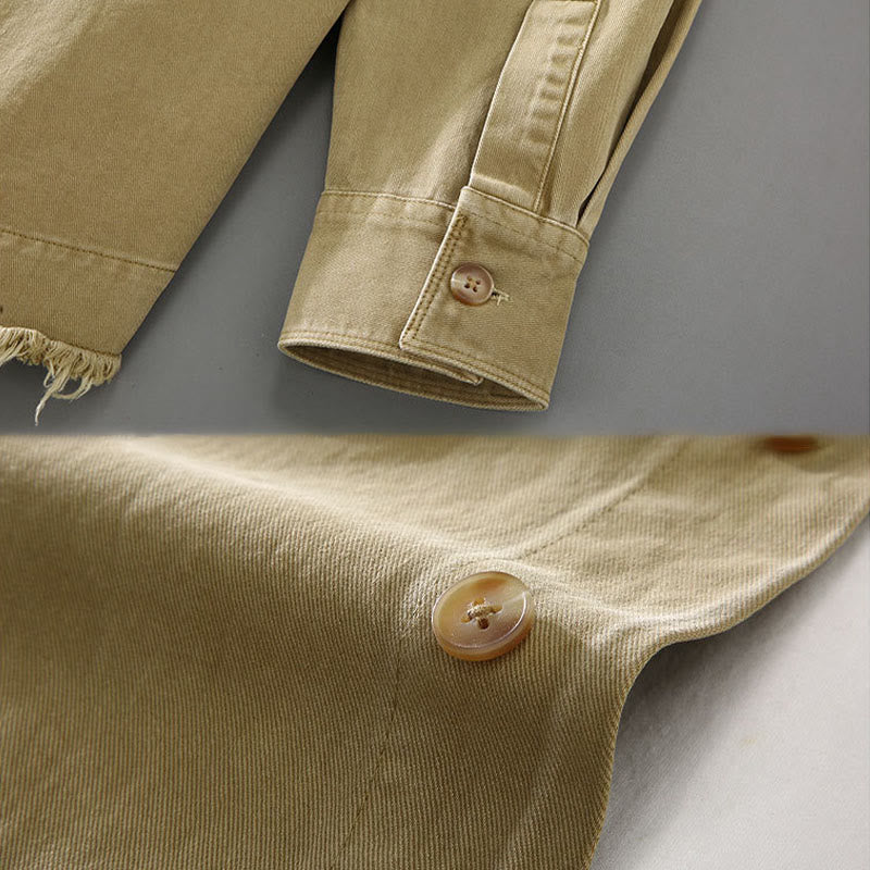 Buddha Stones Men's Pure Color Tassels Hem Design Cotton Long Sleeve Shirt With Pocket - image 6