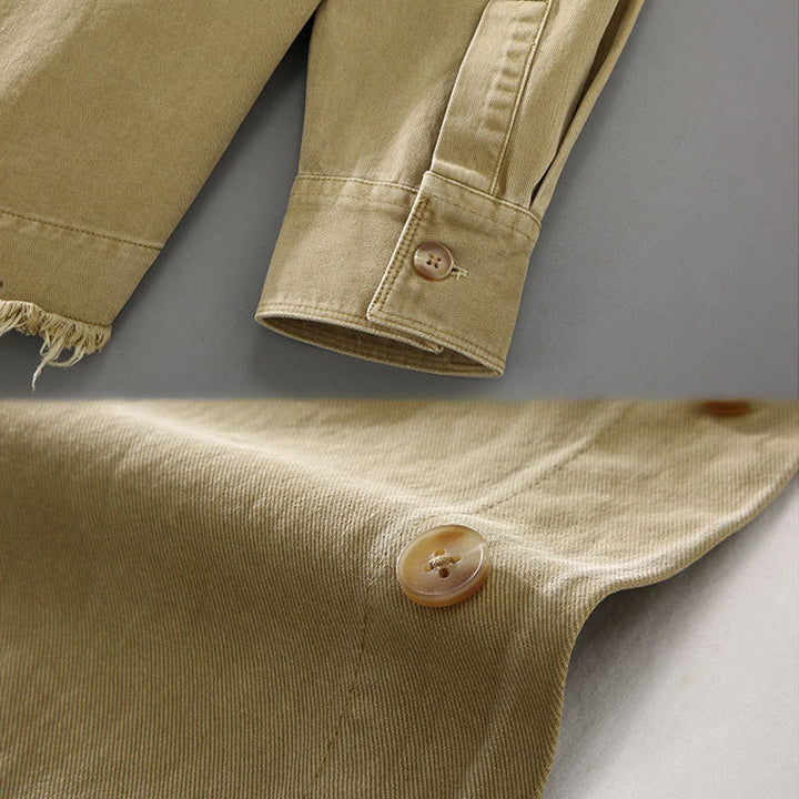 Buddha Stones Men's Pure Color Tassels Hem Design Cotton Long Sleeve Shirt With Pocket - image 6