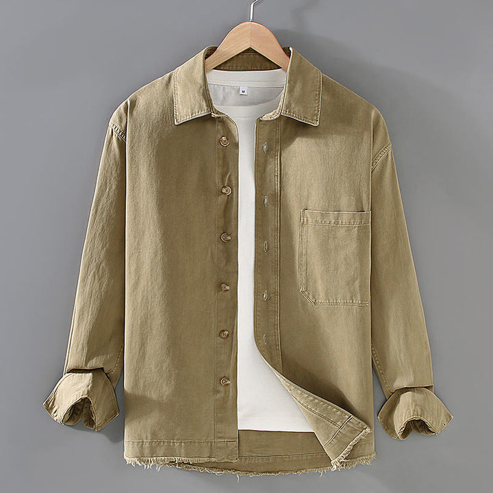 Buddha Stones Men's Pure Color Tassels Hem Design Cotton Long Sleeve Shirt With Pocket - Khaki - US/UK/AU46,EU56 (3XL) - image 2