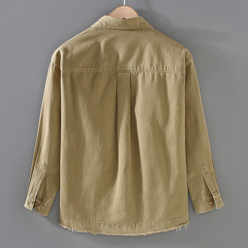 Buddha Stones Men's Pure Color Tassels Hem Design Cotton Long Sleeve Shirt With Pocket - image 3