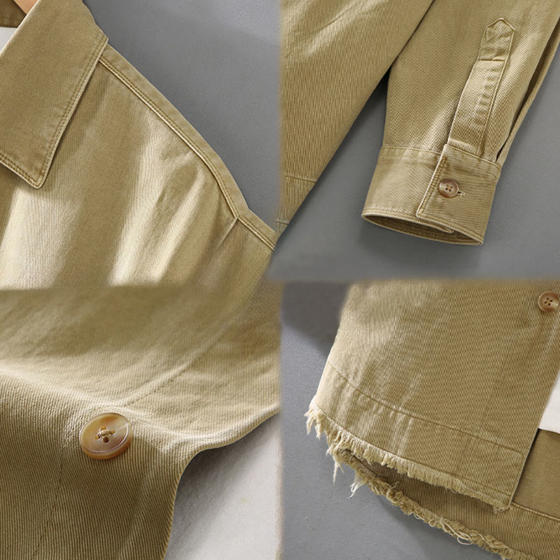 Buddha Stones Men's Pure Color Tassels Hem Design Cotton Long Sleeve Shirt With Pocket - image 7