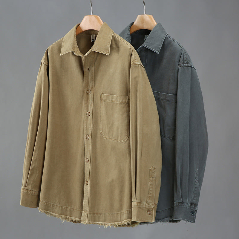 Buddha Stones Men's Pure Color Tassels Hem Design Cotton Long Sleeve Shirt With Pocket - image 9