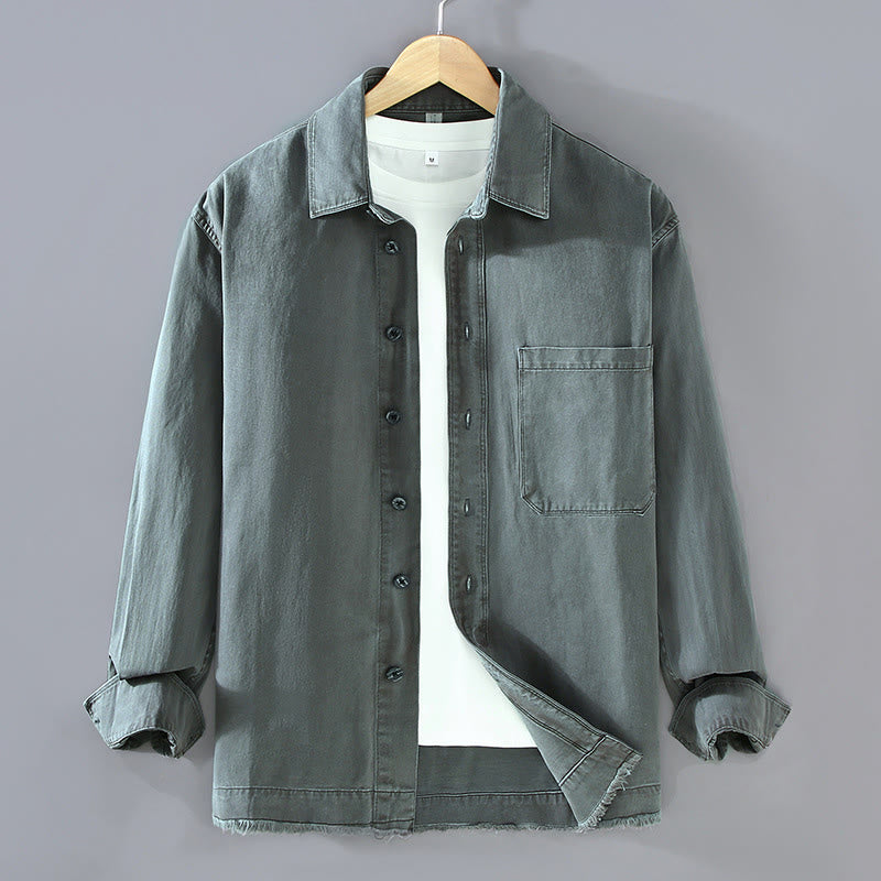 Buddha Stones Men's Pure Color Tassels Hem Design Cotton Long Sleeve Shirt With Pocket - LightSlateGray - US/UK/AU46,EU56 (3XL) - image 1