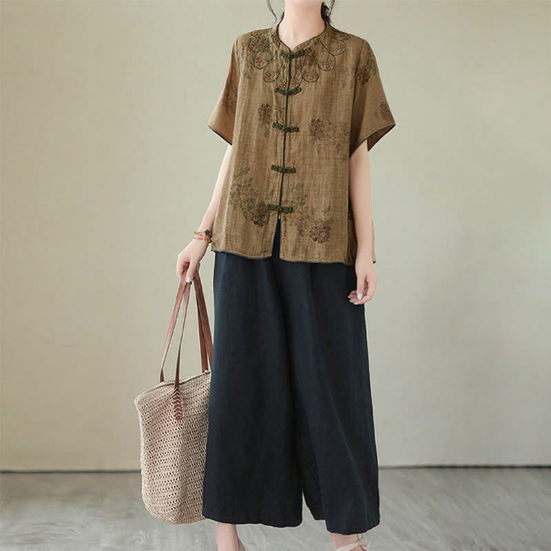 Buddha Stones Purple Flower Print Frog-Button Design Shirt - image 12