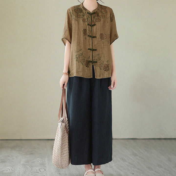 Buddha Stones Purple Flower Print Frog-Button Design Shirt - image 11