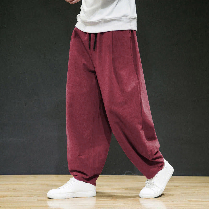 Buddha Stones Plain Casual Linen Bloomer Men's Pants With Pockets - FireBrick - US/UK/AU44,EU54 (5XL) - image 9