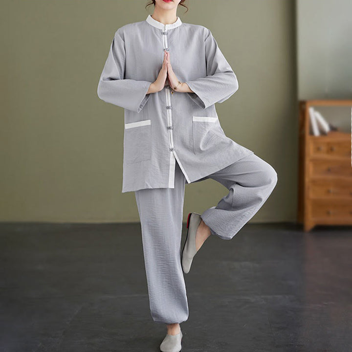 Buddha Stones 2pcs Cotton Tai Chi Shirt Top Pants Meditation Zen Clothing Women's Set - LightSteelBlue - US8-10,UK/AU12-14,EU40-42 (2XL) - image 1