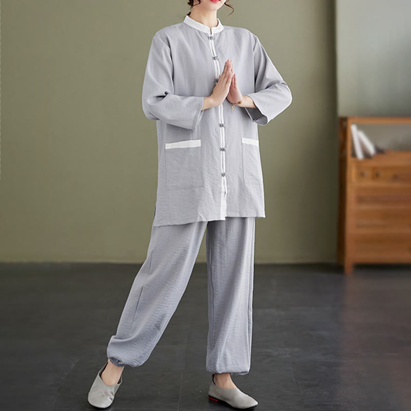 Buddha Stones 2pcs Cotton Tai Chi Shirt Top Pants Meditation Zen Clothing Women's Set - image 2