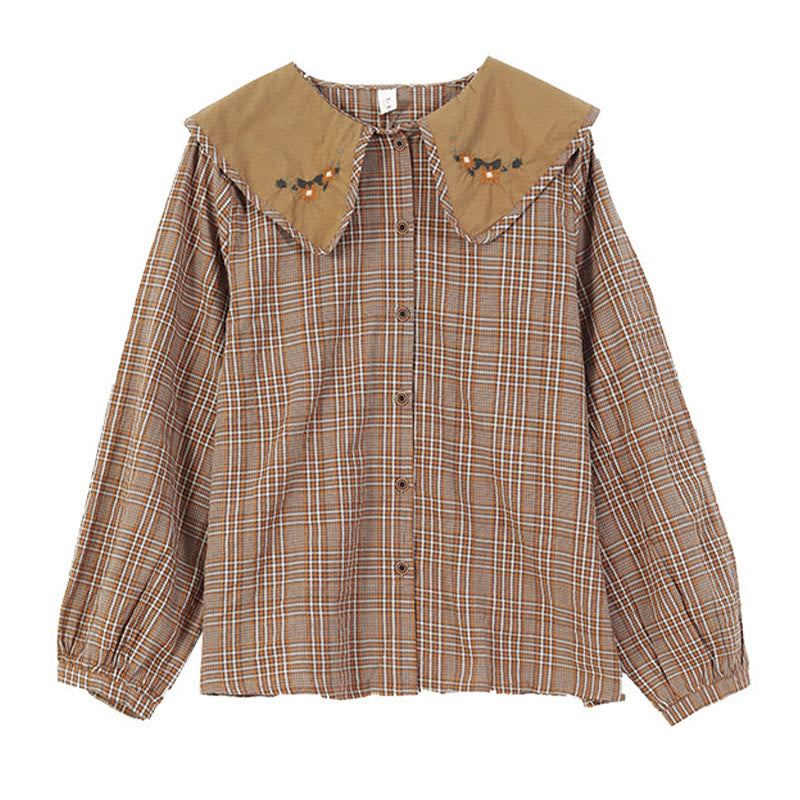 Buddha Stones Embroidered Plaid Pattern Cotton Women's Shirt - image 2