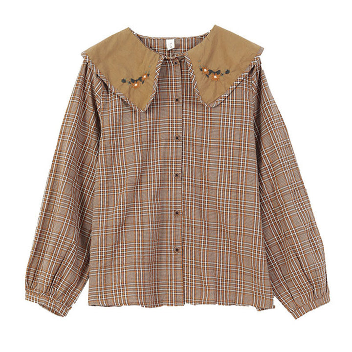 Buddha Stones Embroidered Plaid Pattern Cotton Women's Shirt - image 2