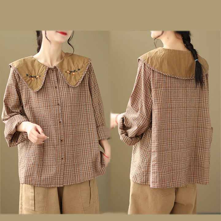 Buddha Stones Embroidered Plaid Pattern Cotton Women's Shirt - image 6