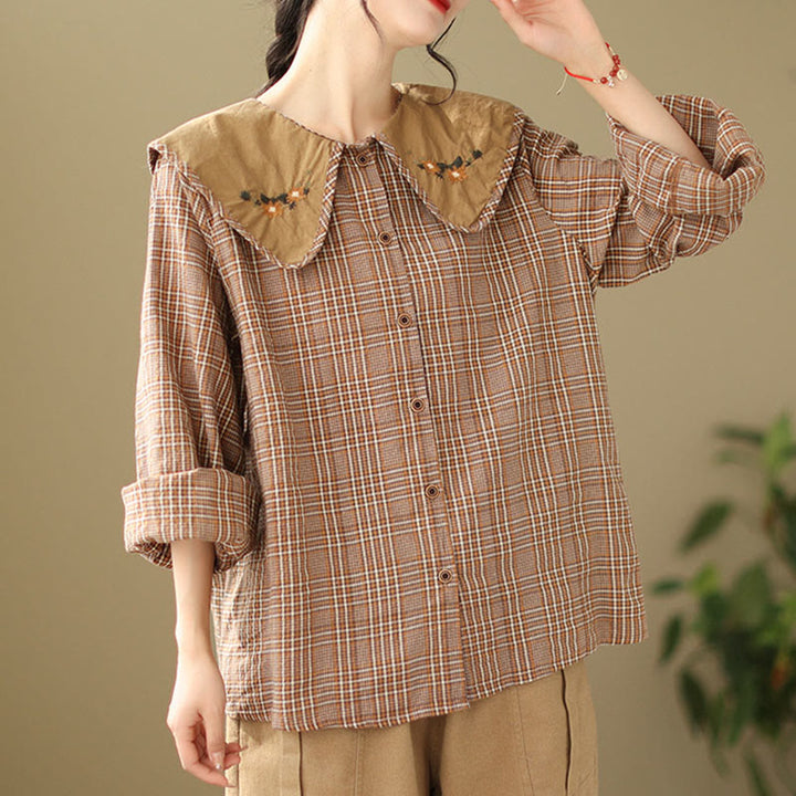 Buddha Stones Embroidered Plaid Pattern Cotton Women's Shirt - image 5