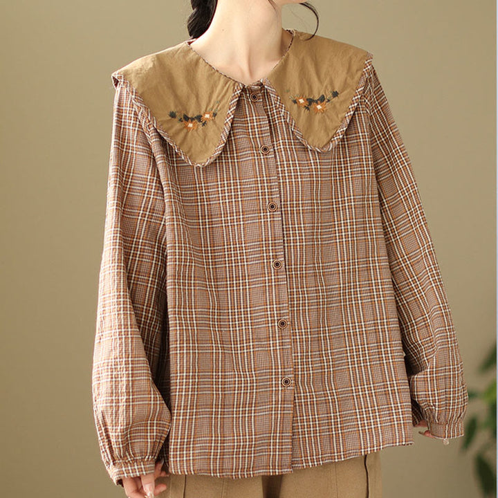 Buddha Stones Embroidered Plaid Pattern Cotton Women's Shirt - DarkSalmon - US8-10,UK/AU12-14,EU40-42 (2XL) - image 1