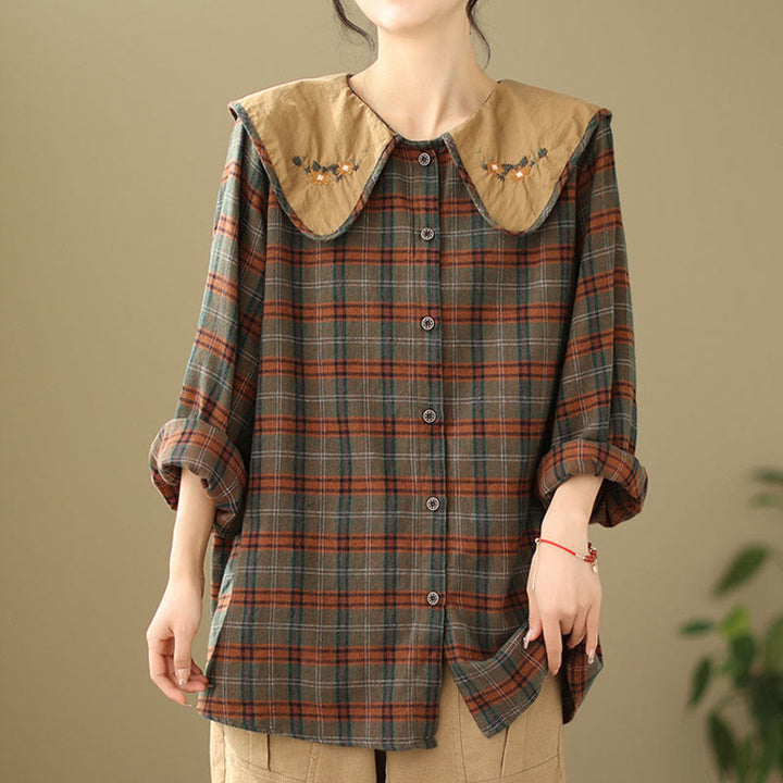 Buddha Stones Embroidered Plaid Pattern Cotton Women's Shirt - Sienna - US8-10,UK/AU12-14,EU40-42 (2XL) - image 7