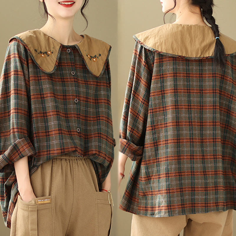 Buddha Stones Embroidered Plaid Pattern Cotton Women's Shirt - image 12