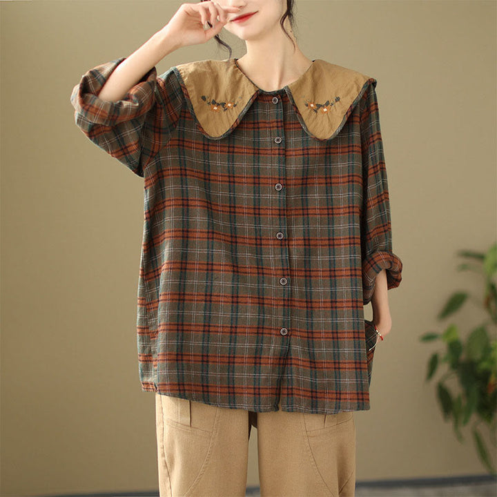 Buddha Stones Embroidered Plaid Pattern Cotton Women's Shirt - image 9